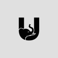 Initial letter U with Elephant Abstract Vector Logo Template, Sign or Icon. Modern Elephant Head Incorporated in the Letter U. Negative Space Concept with Modern Typography.