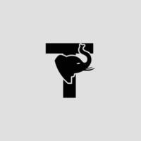 Initial letter T with Elephant Abstract Vector Logo Template, Sign or Icon. Modern Elephant Head Incorporated in the Letter T. Negative Space Concept with Modern Typography.