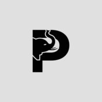 Initial letter P with Elephant Abstract Vector Logo Template, Sign or Icon. Modern Elephant Head Incorporated in the Letter P. Negative Space Concept with Modern Typography.