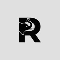 Initial letter R with Elephant Abstract Vector Logo Template, Sign or Icon. Modern Elephant Head Incorporated in the Letter R. Negative Space Concept with Modern Typography.