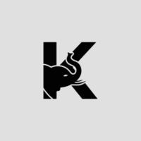 Initial letter K with Elephant Abstract Vector Logo Template, Sign or Icon. Modern Elephant Head Incorporated in the Letter K. Negative Space Concept with Modern Typography.