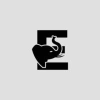 Initial letter E with Elephant Abstract Vector Logo Template, Sign or Icon. Modern Elephant Head Incorporated in the Letter E. Negative Space Concept with Modern Typography.