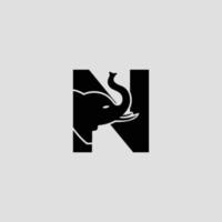 Initial letter N with Elephant Abstract Vector Logo Template, Sign or Icon. Modern Elephant Head Incorporated in the Letter N. Negative Space Concept with Modern Typography.