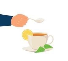 azúcar en té y cuchara con azúcar. té dulce. deliciosa bebida caliente. diseño plano de ilustración vectorial. vector