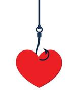 On fishing hook hanging heart. Deception, a trap on the hook. Flat design style, vector illustration.