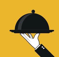 Waiter hand holding tray. Restaurant service. Vector illustration isolated on yellow background