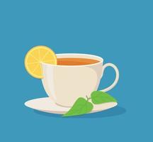 taza con té. y las hojas de té se colocan en el lateral.ilustración vectorial aislada en fondo blanco.diseño lindo para la impresión de camisetas. vector