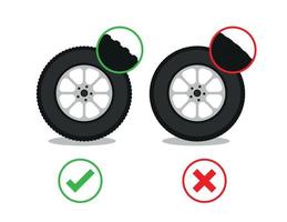 Check tire thread depth flat illustration. Auto tire change service. Good and worn tire. Control car wheel condition. Simple flat vector illustration for web site or mobile app.