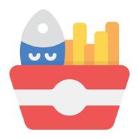 Fast food icon in flat style, fried fish with fires bucket vector