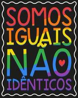 LGBTQIA poster in Portuguese on diversity flag background .Translation - We are equal, not identical. vector