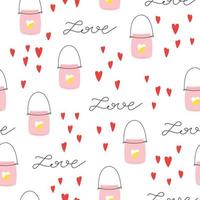 Colorful seamless pattern with hand drawn doodles for St. Valentine day with lanterns, hearts and lettering love vector