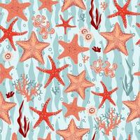 Hand drawn seamless pattern with various starfishes bright colors, vector illustration on light green background