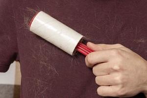 A man with a sticky clothes roller removes animal hair from clot photo