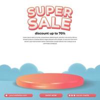 super sale promo discount offer for social media banner with cute 3d cylinder podium stage display with blue cloud decoration vector