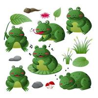 frog activity cute adorable animal kawaii cartoon mascot set wildlife aquatic wetland vector