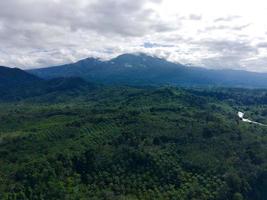 Beautiful morning view of Indonesia. Aerial photo of river between mountains and tropical forest