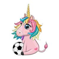 lindo unicornio de dibujos animados con balón de fútbol, verano, juegos para niños, club vector