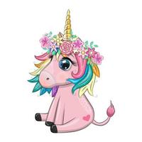 unicornio con flores, en una corona, se acerca la primavera, postal para la fiesta de la primavera. vector