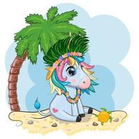 lindo unicornio de dibujos animados vestido como un bailarín de hula, hawaii, listo para el personaje. verano, mar, palmeras, playa vector