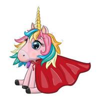 Cute unicorn character with cloak as super hero. Cartoon design illustration isolated vector