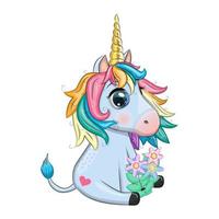 Unicorn with flowers, in a wreath, spring is coming, postcard for the holiday of spring. vector