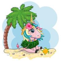 Cute cartoon unicorn dressed as a hula dancer, Hawaii, ready to go character. Summer, sea, palm trees, beach vector