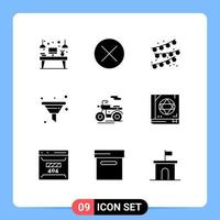 Set of 9 Vector Solid Glyphs on Grid for motor sort navigation funnel party bulb Editable Vector Design Elements