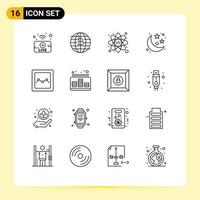 Pack of 16 Modern Outlines Signs and Symbols for Web Print Media such as graph analytics web stars planet Editable Vector Design Elements