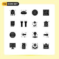 Set of 16 Commercial Solid Glyphs pack for book picture food photo camera Editable Vector Design Elements