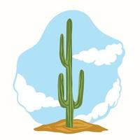 cactus en suelo de arena con ilustración de vector de fondo de cielo azul y nubes aislado sobre fondo blanco. dibujo de plantas del desierto con colores simples y planos.