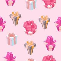 A pattern of different gift boxes on a pink background for printing and design. Vector illustration.