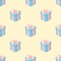 Gift boxes in a pattern on a beige background in cartoon style for print and design. Vector illustration.