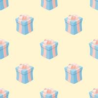 Gift boxes in a pattern on a beige background in cartoon style for print and design. Vector illustration.