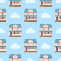 Pattern house on the background of the sky with clouds. Vector illustration