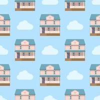 Pattern house on the background of the sky with clouds. Vector illustration