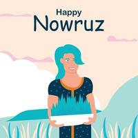 illustration vector graphic of a woman carrying greenery to celebrate nowruz, perfect for international day, happy nowruz day, celebrate, greeting card, etc.