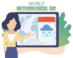 el gráfico vectorial ilustrativo de una mujer está presentando un pronóstico del tiempo, mostrando un mapa mundial en la pantalla, perfecto para el día internacional, día meteorológico mundial, celebración, tarjeta de felicitación, etc. vector