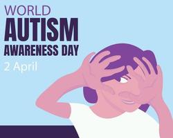 ilustración gráfica vectorial de un niño autista cubre su rostro con las manos, perfecto para el día internacional, día mundial de la concienciación sobre el autismo, celebración, tarjeta de felicitación, etc. vector