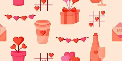 patrón romántico con café, regalo, cinta y corazón vector