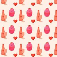 valentine's day pattern with cupcake, heart, bottle with glass vector