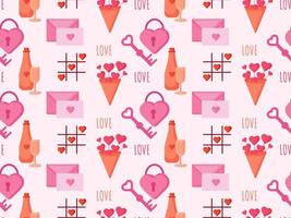 valentine's day pattern with key, lock, letter, heart game, bottle with glass vector
