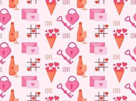 valentine's day pattern with key, lock, letter, heart game, bottle with glass vector