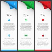 First, second and third vector infographic elements with title, description and icons