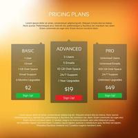 Colorful vector pricing table with three plans for your website and aplications