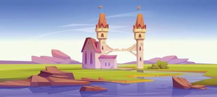 castillo medieval de fantasía con puente sobre el río vector