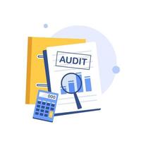 Auditing concepts. Auditor at table during examination of financial report. Tax process. Research, project management, planning, accounting, analysis vector