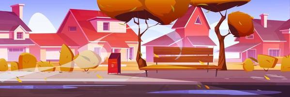 Autumn town street with cozy houses, yellow trees vector