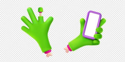 Green zombie hand holding mobile phone vector