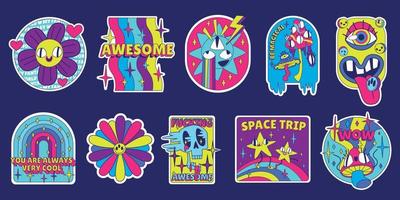Y2k stickers pack, rave retro trendy style patches vector