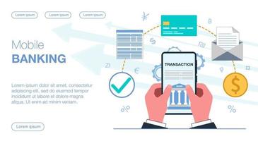 las manos en un traje de negocios sostienen un teléfono inteligente con una aplicación de banco móvil las transacciones y los pagos se realizan alrededor de monedas dinero documentos cartas tarjeta moneda vector